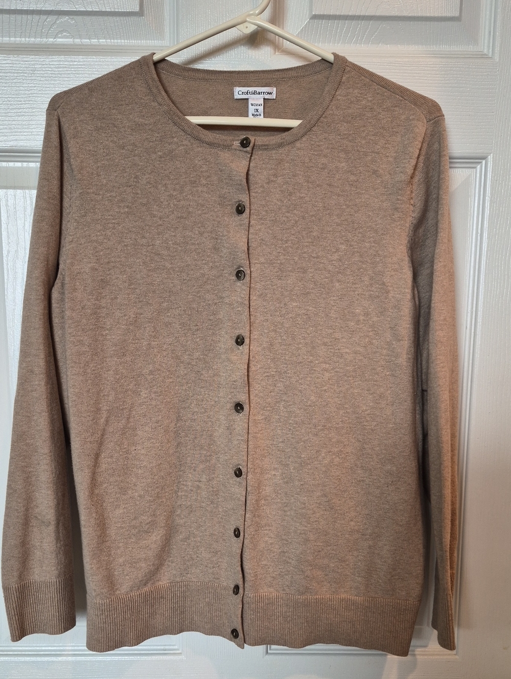 croft & barrow Women's Button-Front Crewneck Cardigan - Taupe Size 1X